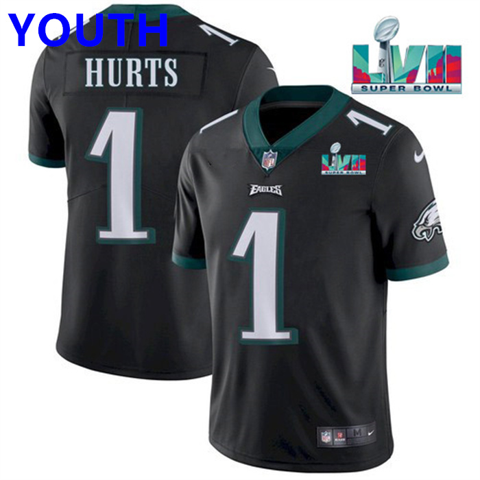 Youth Philadelphia Eagles #1 Jalen Hurts Black Super Bowl LVII Patch Vapor Untouchable Limited Stitched Football Jersey