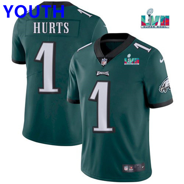 Youth Philadelphia Eagles #1 Jalen Hurts Green Super Bowl LVII Patch Vapor Untouchable Limited Stitched Football Jersey