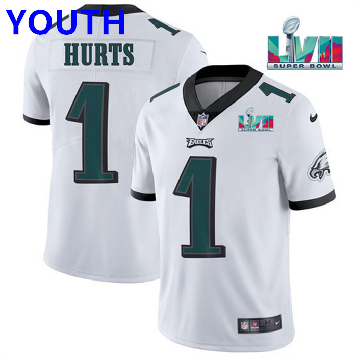 Youth Philadelphia Eagles #1 Jalen Hurts White Super Bowl LVII Patch Vapor Untouchable Limited Stitched Football Jersey