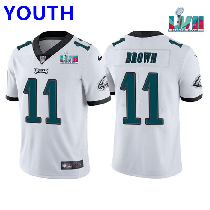 Youth Philadelphia Eagles #11 A. J. Brown White Super Bowl LVII Patch Vapor Untouchable Limited Stitched Football Jersey