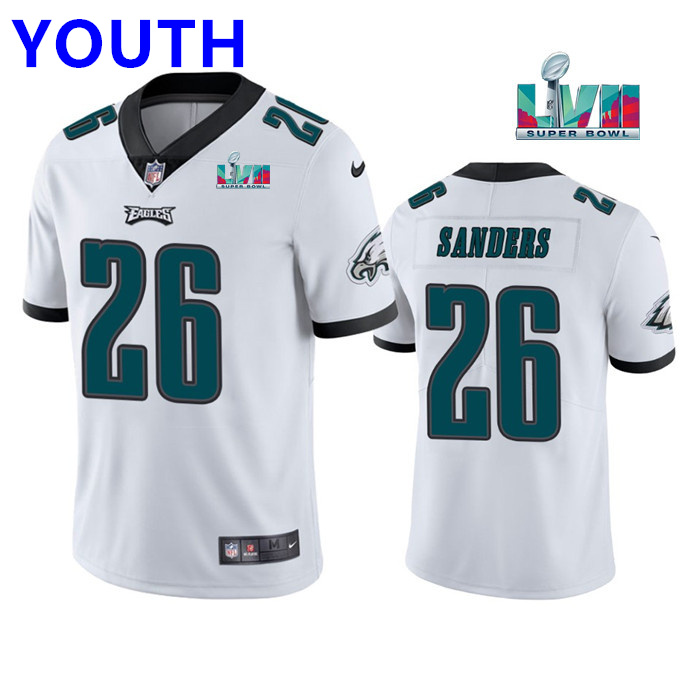 Youth Philadelphia Eagles #26 Miles Sanders White Super Bowl LVII Patch Vapor Untouchable Limited Stitched Football Jersey