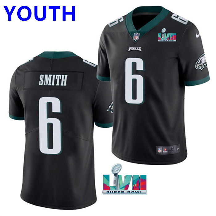 Youth Philadelphia Eagles #6 DeVonta Smith Black Super Bowl LVII Patch Vapor Untouchable Limited Stitched Football Jersey