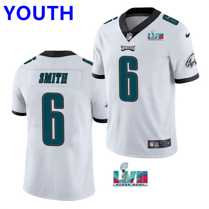 Youth Philadelphia Eagles #6 DeVonta Smith White Super Bowl LVII Patch Vapor Untouchable Limited Stitched Football Jersey