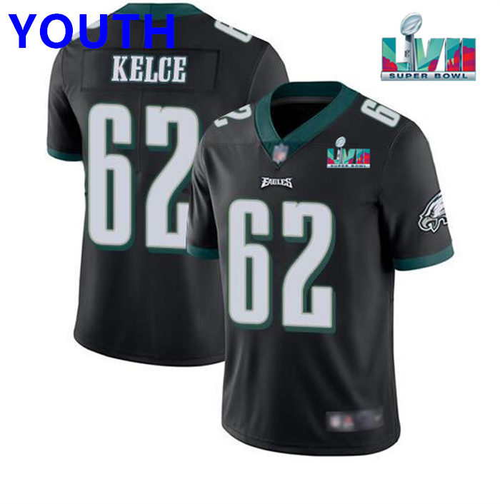 Youth Philadelphia Eagles #62 Jason Kelce Black Super Bowl LVII Patch Vapor Untouchable Limited Stitched Football Jersey