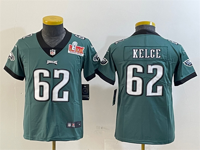 Youth Philadelphia Eagles #62 Jason Kelce Green 2025 Super Bowl LIX Patch Vapor Untouchable Limited Stitched Football Jersey