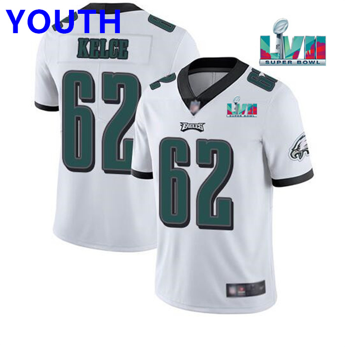 Youth Philadelphia Eagles #62 Jason Kelce White Super Bowl LVII Patch Vapor Untouchable Limited Stitched Football Jersey