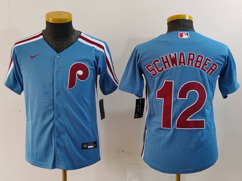 Youth Philadelphia Phillies #12 Kyle Schwarber Light Blue Cooperstown Cool Base Jersey