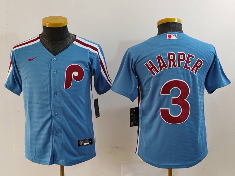 Youth Philadelphia Phillies #3 Bryce Harper Light Blue Cooperstown Cool Base Jersey