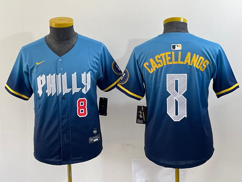 Youth Philadelphia Phillies #8 Nick Castellanos Number Blue 2024 City Connect Limited Stitched Jersey