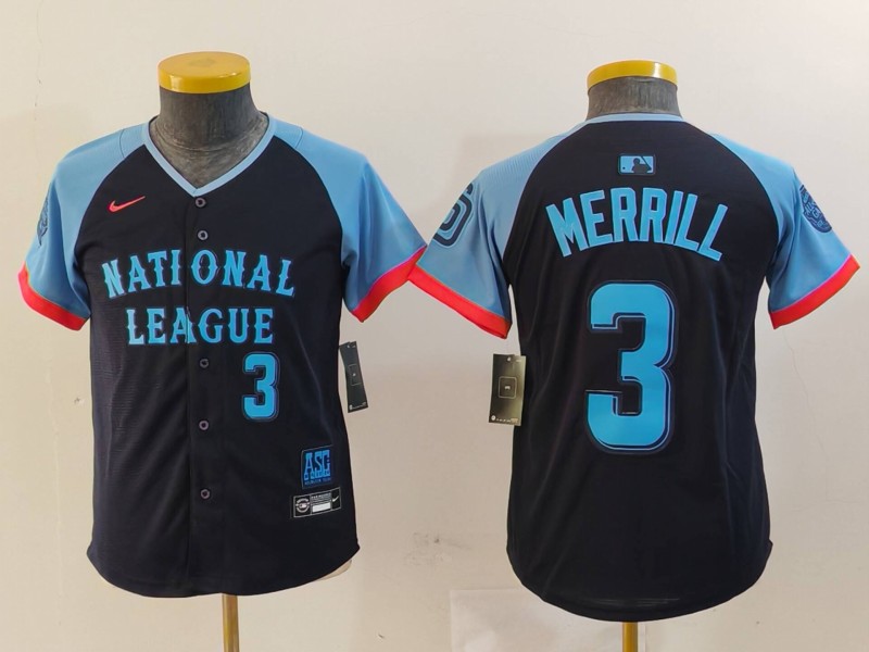 Youth San Diego Padres #3 Jackson Merrill Number Navy 2024 All Star Limited Stitched Jersey