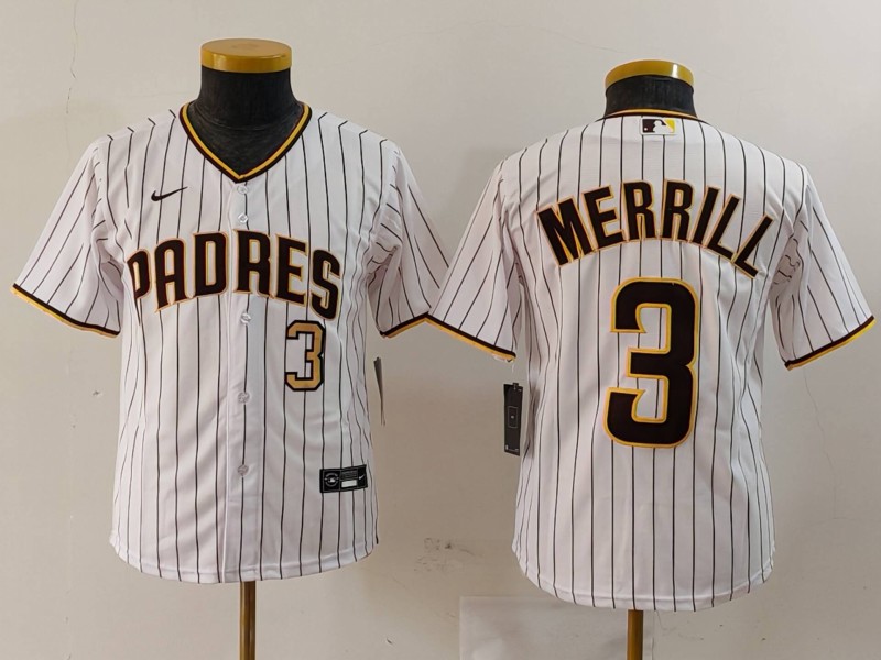 Youth San Diego Padres #3 Jackson Merrill White 2023 Cool Base Stitched Jerseys