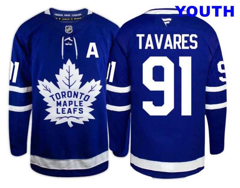 Youth Toronto Maple Leafs #91 John Tavares With A Patch Blue Home 2024-25 Home Stitched NHL fanatics Jersey